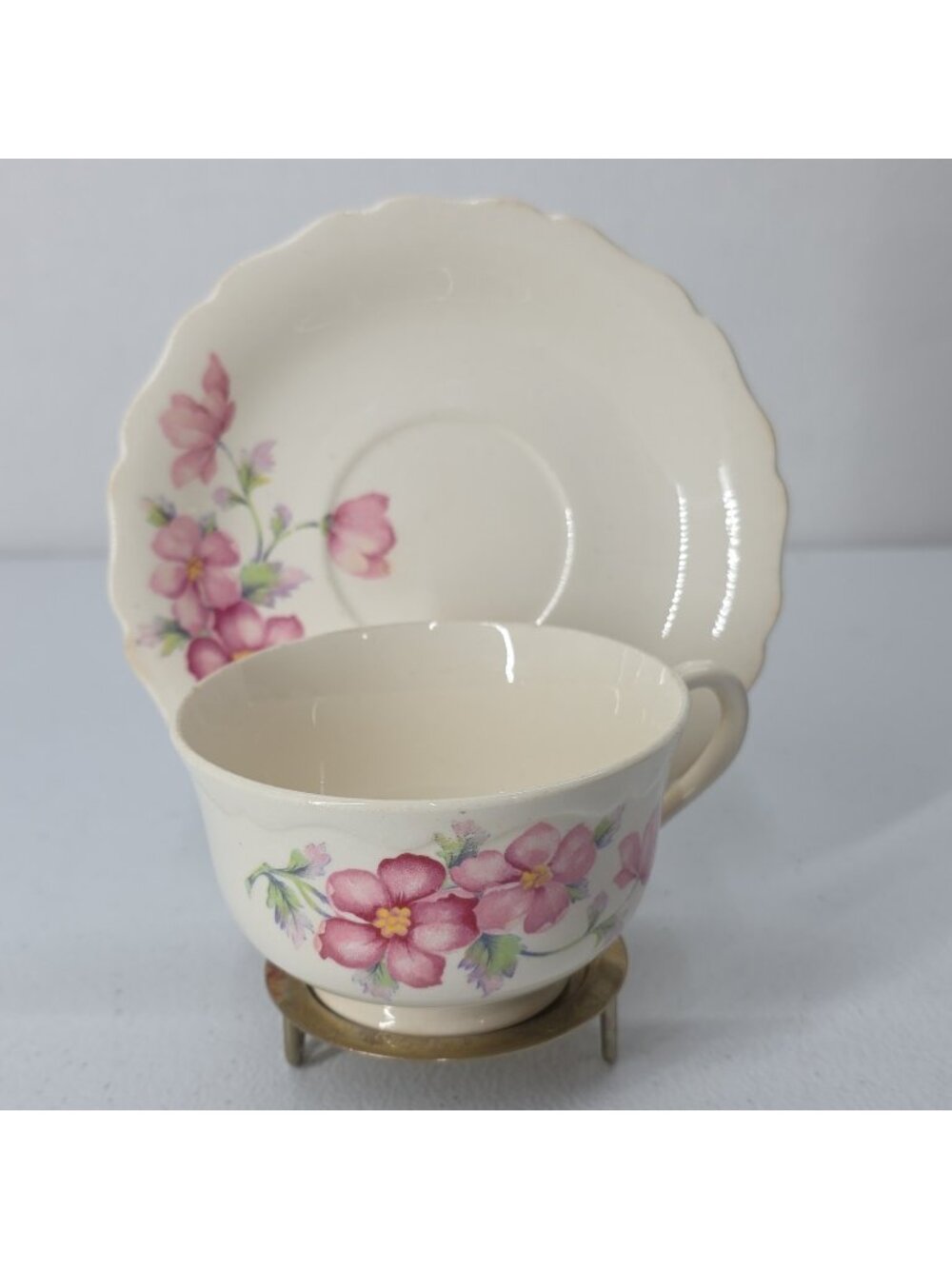 Vtg Keystone Canonsburg Pottery Co Pink Floral Tea Cup & Saucer 1950s Feminine